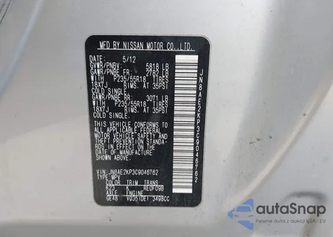 2012 Nissan Quest Le z USA, uszkodzony, nr VIN JN8AE2KP3C9046762